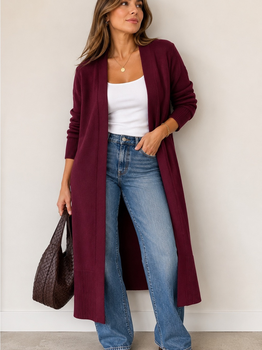 Express Long Open Front Cardigan Sweater Burgundy Wine Red Ribbed Duster Large